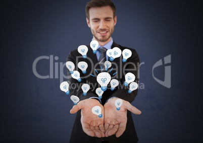 Idea light bulb app icons and Businessman with hands palm open and dark background