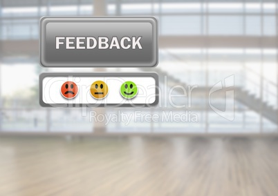 feedback button and smiley satisfaction faces review in large hall room