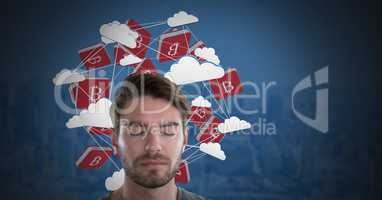 Bitcoin icon symbols and clouds and Businessman with eyes closed and dark background