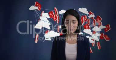 Percent icon symbols and Businesswoman with eyes closed and dark background