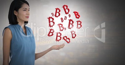 Bitcoin icons and Businesswoman with hands palm open and dark background