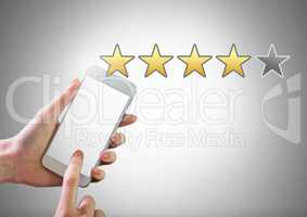 Hand touching phone with star ratings review