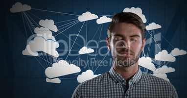 Cloud app icons connected and Businessman with eyes closed and dark background