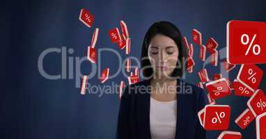 Percent icon symbols and Businesswoman with eyes closed and dark background