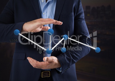 Science connection symbol icon and Businessman with hands palm open and dark background