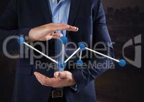 Science connection symbol icon and Businessman with hands palm open and dark background