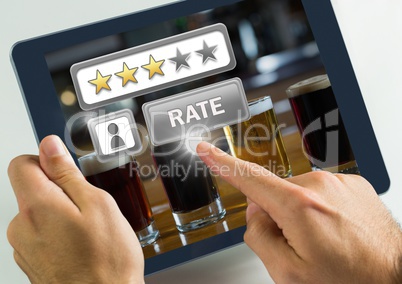 Hand touching tablet with Rate button and review stars in bar