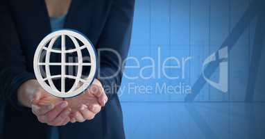 World globe icon symbol and Businesswoman with hand palm open and dark background