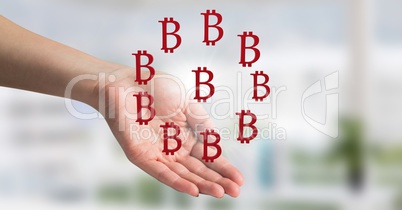 Hand open with bitcoin symbol icons