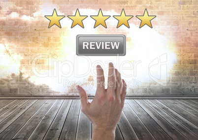 Hand reaching for five star review button rating