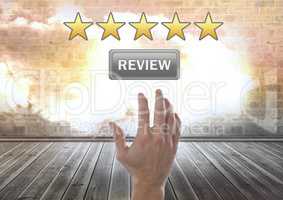 Hand reaching for five star review button rating