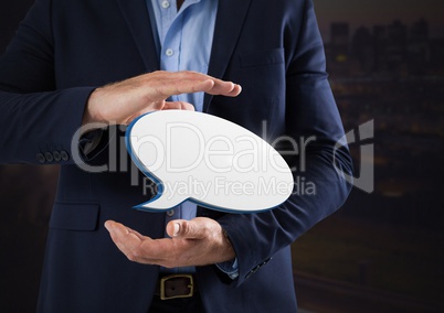 Chat bubble and Businessman with hands palm open and dark background