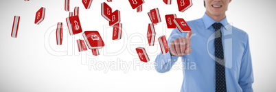 Composite image of mid section of smiling businessman using interface while standing with hand in po