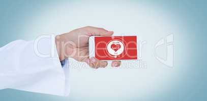 Composite image of male doctor holding smart phone with blank screen