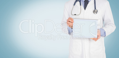 Doctor showing digital tablet on white background