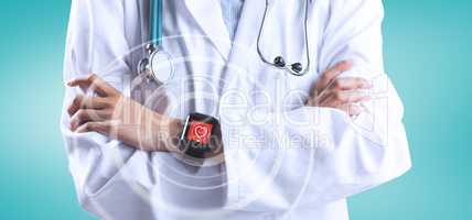 Composite image of close up of asian doctor showing her smart watch