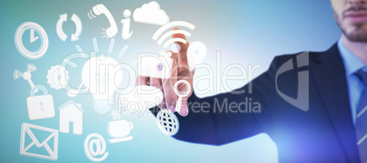 Composite image of cropped image of businessman touching index finger on invisible screen