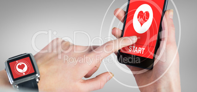 Composite image of woman using smartwatch and phone