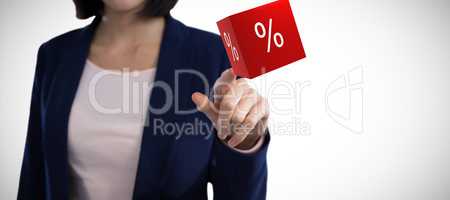 Composite image of mid section of businesswoman touching invisible screen