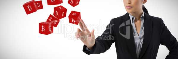 Composite image of businesswoman pressing an invisible virtual screen