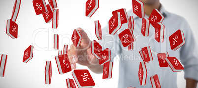 Composite image of man pretending to touch an invisible screen against white background