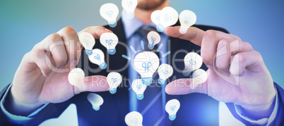 Composite image of mid section of businessman wearing suit while advertising invisible product