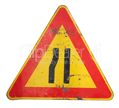 road narrows sign isolated over white