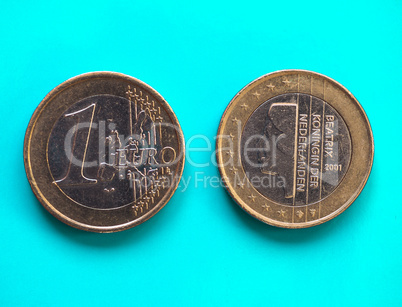 1 euro coin, European Union, Netherlands over green blue