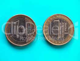 1 euro coin, European Union, Netherlands over green blue
