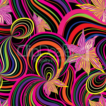 Abstract wave line and loops seamless pattern. Swirl wavy flower