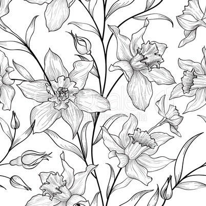 Floral seamless pattern. Flower black and white background. Flor
