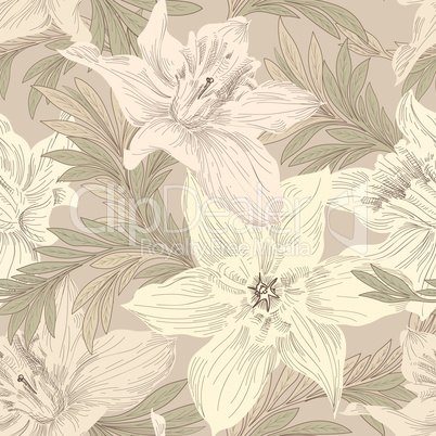 Floral seamless pattern. Flower doodle background. Florals engra
