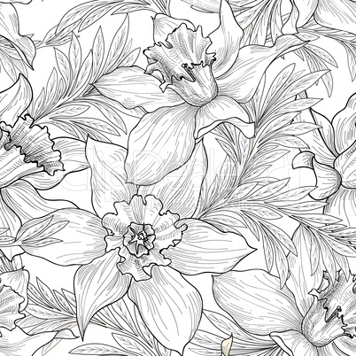 Floral seamless pattern. Flower black and white background. Flor