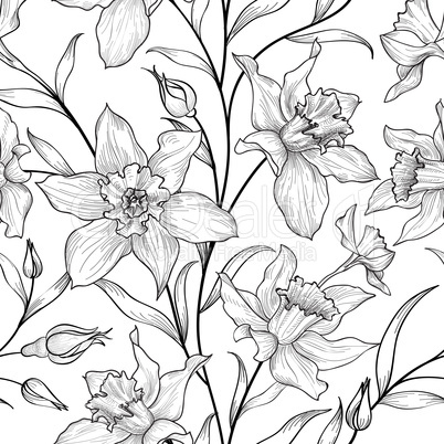 Floral seamless pattern. Flower doodle background. Floral engrav