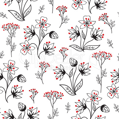 Floral pattern with leaves and flowers. Ornamental herb branch s