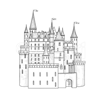 Castle landmark sketch illustration. Medieval palace building wi