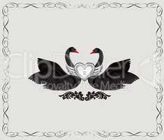 Black birds in love with floral decoration. Couple of swans silh