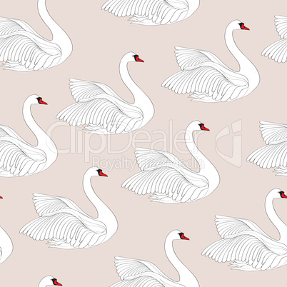 Seamless pattern with white swans. White bird ornamental tile ba