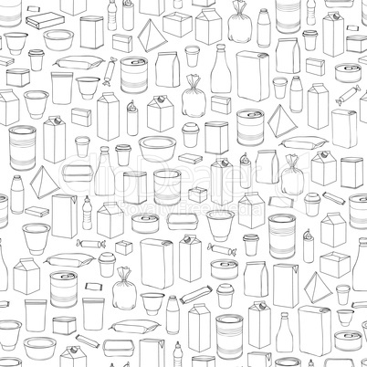 Food packaging seamless pattern. Different package outline doodle drawn icons tile background