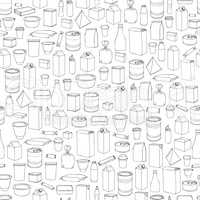 Food packaging seamless pattern. Different package outline doodle drawn icons tile background