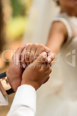 the groom holds the bride's hand