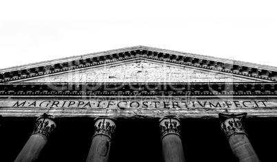 black and white Bottom view of the roman Pantheon facade