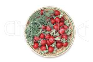 Radishes and dill on a plate on a white background.