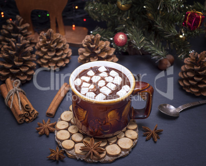 hot chocolate with marshmallows in a brown mug