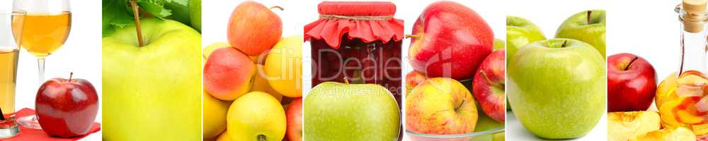 Juicy apples, juice, jam apple cider vinegar isolated on white b