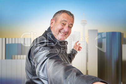 Man pulls partner by the hand towards the city