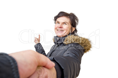 Woman pulls partner by the hand