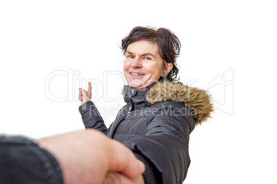 Woman pulls partner by the hand