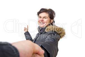 Woman pulls partner by the hand