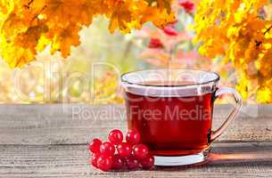Cup of black tea with viburnum berries